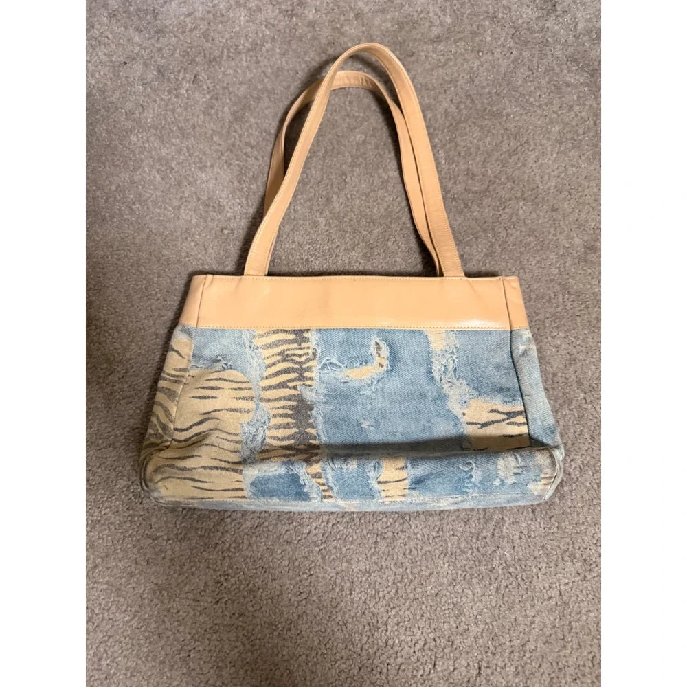 Eleganza Y2K Distressed Denim Tiger Print Shoulder Bag Tan Faux Leather Trim